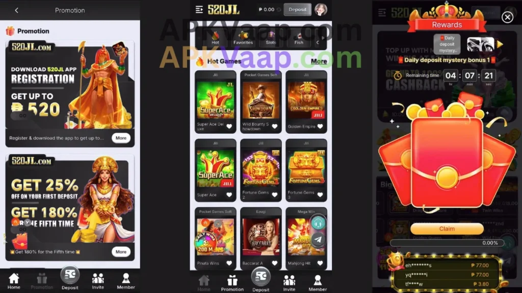 520JL Game APK promotion section, home dashboard and daily login rewards 