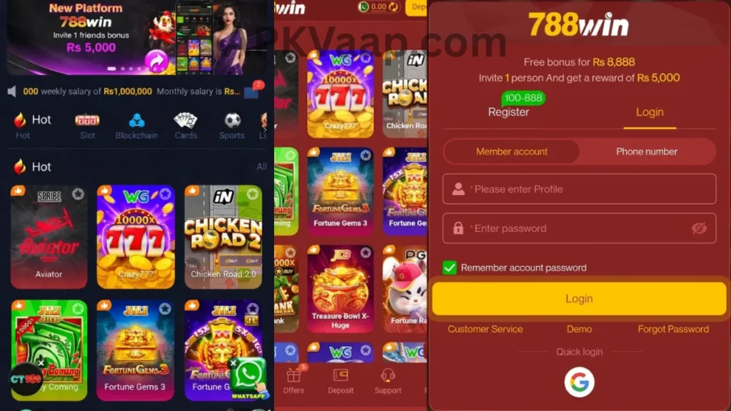 788Win Game App internal interface and login section of game