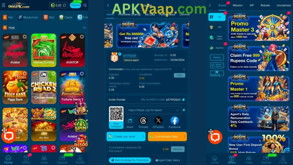 966PK Game VIP home dashboard referral section and promotion section of game