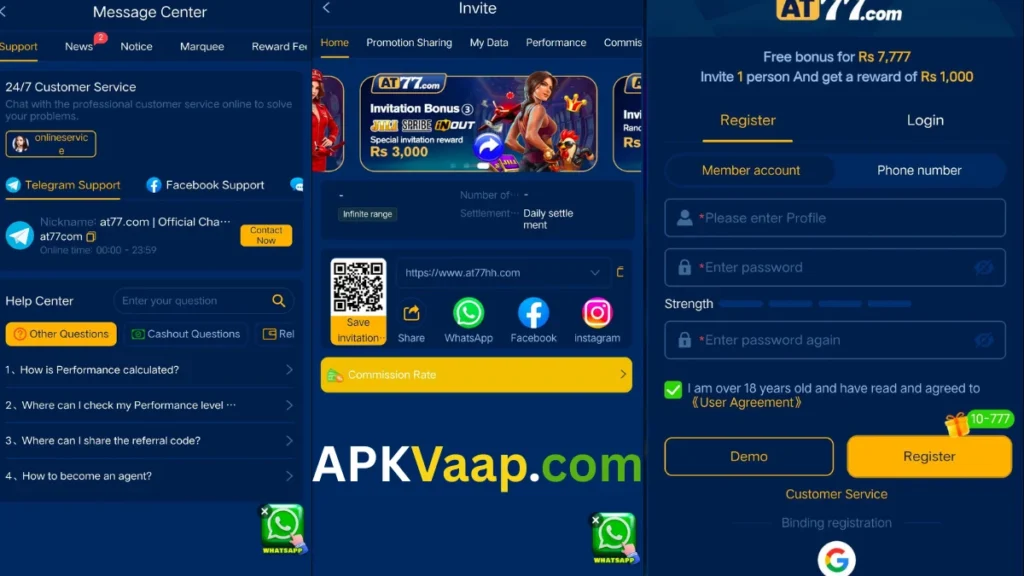 AT77 Game App custom support center, referral section and register or login section of game