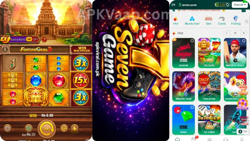 SEVEN Game app Home Dashboard, game logo and internal interface of game