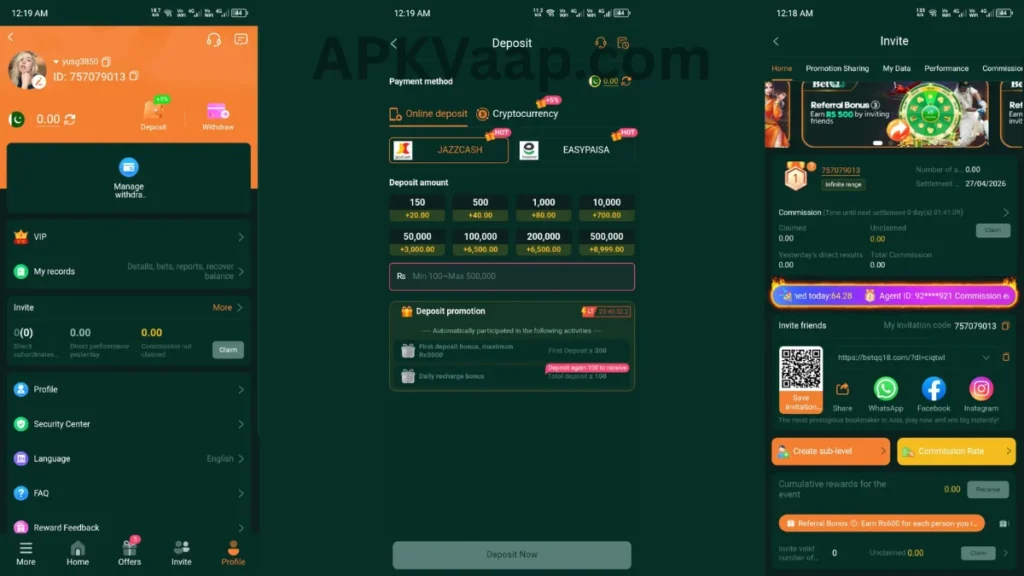BetQQ Game APK users profile, deposite section and invitational section of game