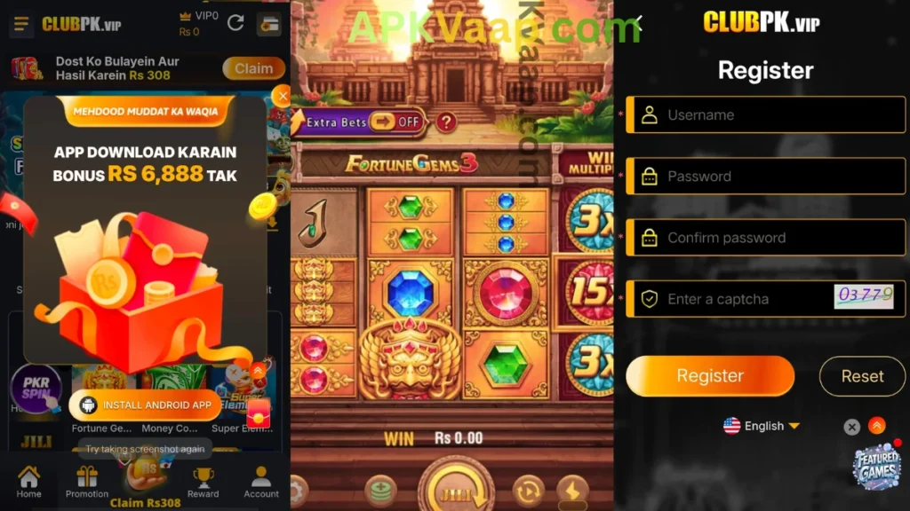 CLUBPK Game App download bonuses, internal interface and app register section of game