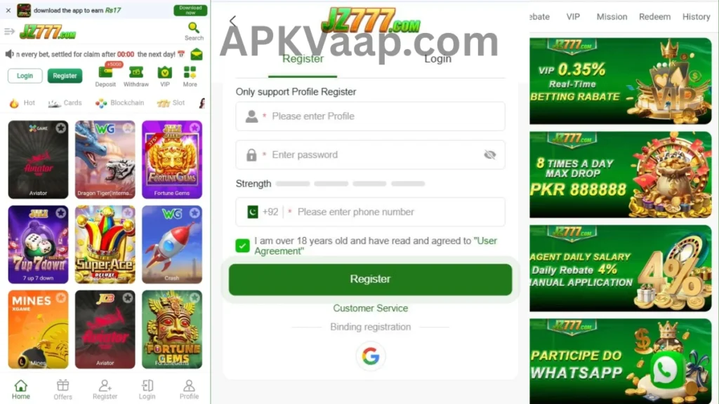 JZ777 Game internal interface, promotion center and registration section of game