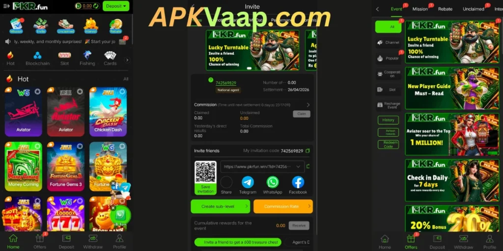 PKRFUN Game Casino internal home dashboard, referral section and promotion center of game