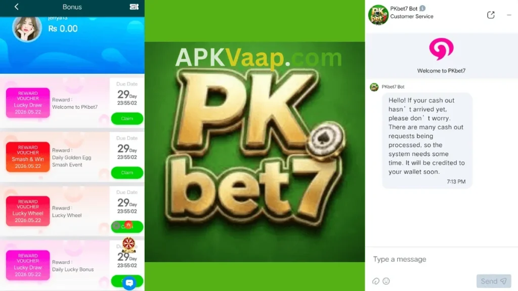 PKbet7 Game APK rewards center, game logo, and custom support of game.