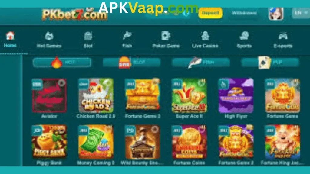 PKbet7 Game APK home dashboard of game.
