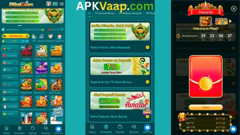 PKbet7 Game APK home dashboard, promotion section, and daily login rewards 