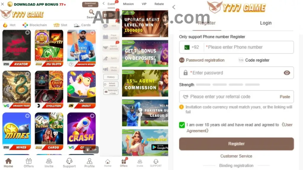 Y777 Game internal interface,promotion section and registration section of game