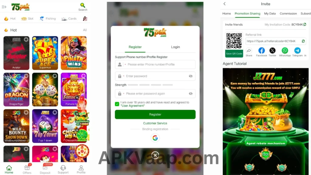 75PAK Game Apk home dashboard, login and register section and referral center 