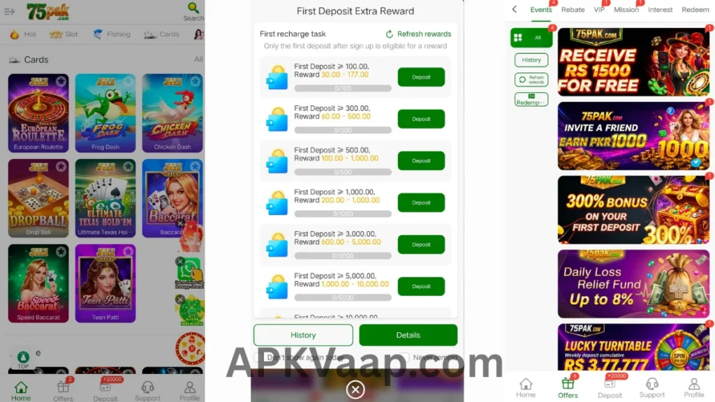 75PAK Game Apk home dashboard, first deposit extra rewards and promotion section 