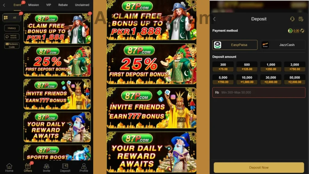 87P Game APK promotion center and deposit section of game