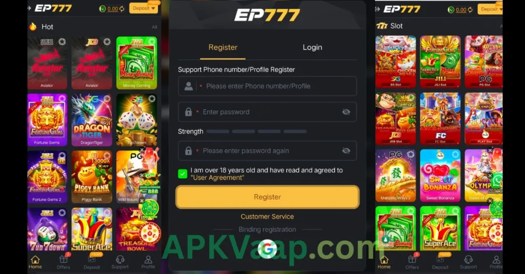 EP777 Game APK  home dashboard, login and register section, and down dashboard 