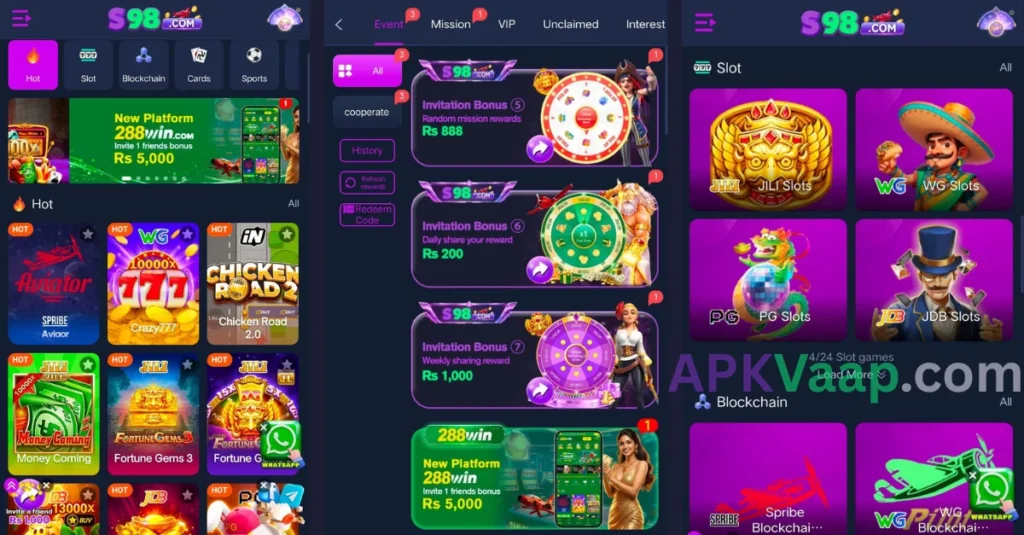 S98 Game APK home dashboard, promotion section and down side dashboard of game
