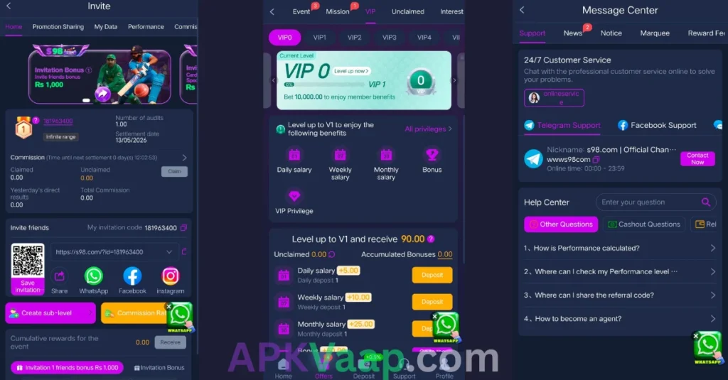 S98 Game APK Referral section, VIP benefits, and  custom support of game