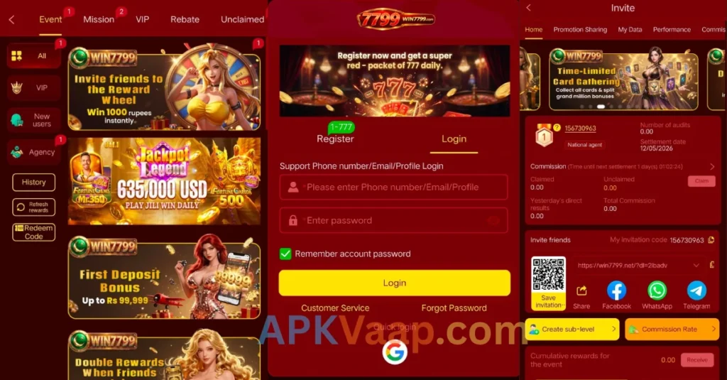 WIN7799 Game APK promotion rewards list, login or register section, and referral center of game.
