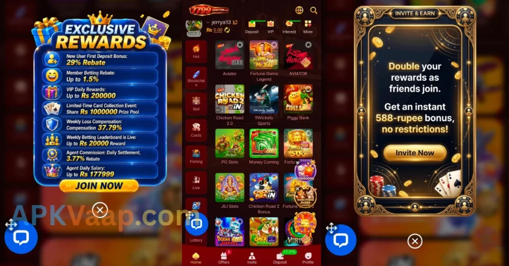 WIN7799 Game APK exclusive rewards, home dashboard, and invite and earning free rewards of game